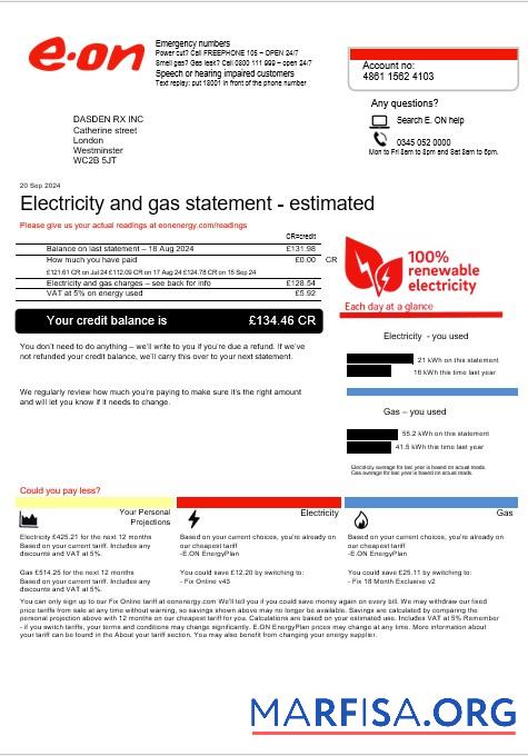 Downloadable United Kingdom E.ON business utility bill template in Word and PDF formats, version 4
